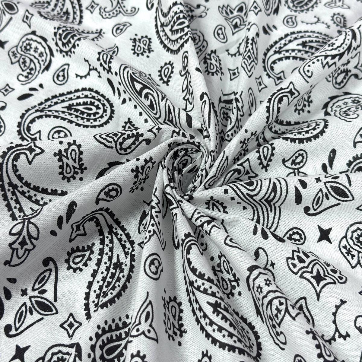 Black Paisley Print On White Cotton Fabric