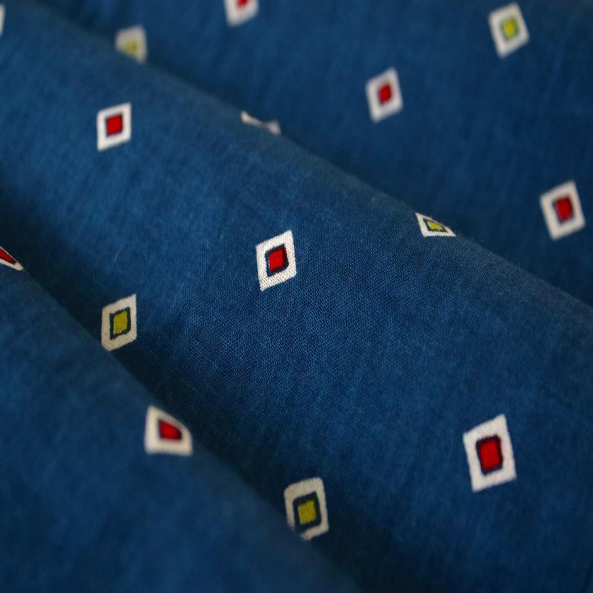 Navy Blue Red Olive Geometric Motifs Printed Pure Cotton Fabric
