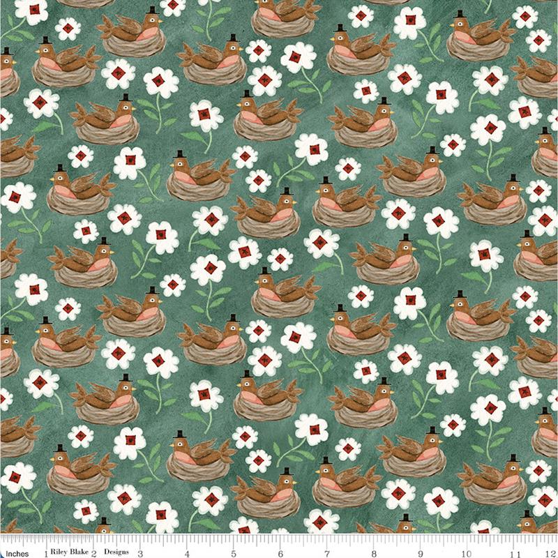 Teresa Kogut Hop Hop Hooray ~ Birds in Nest C14273 Teal ~ One Yard