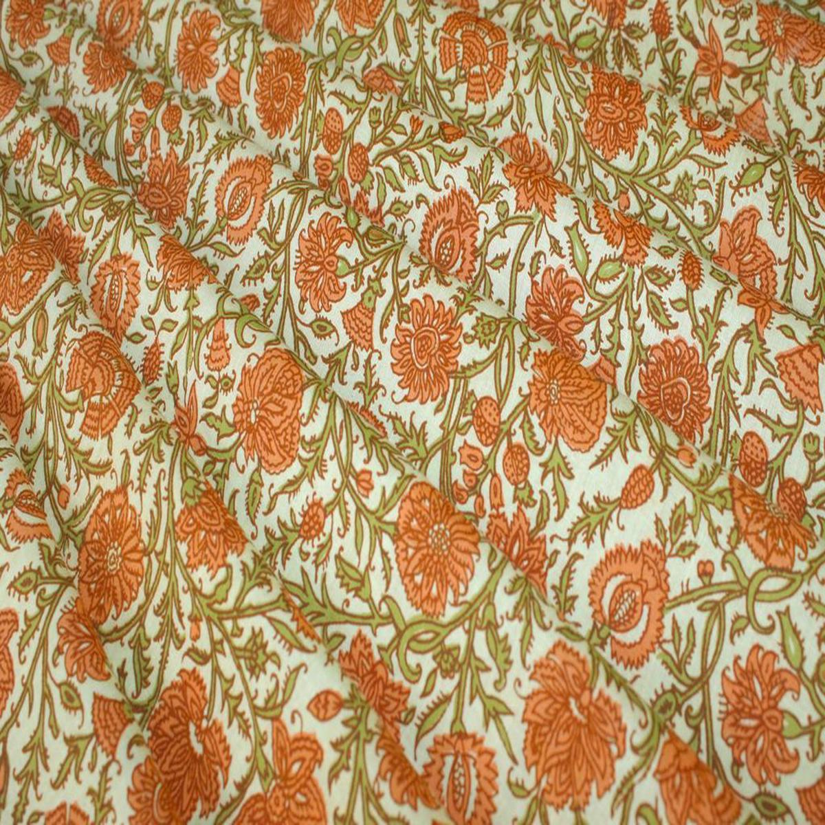 Peach Green Floral Printed Pure Cotton Fabric