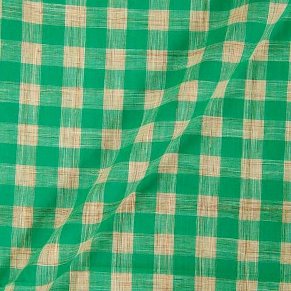 Precut of Green Off White Checks Handloom Cotton Fabric