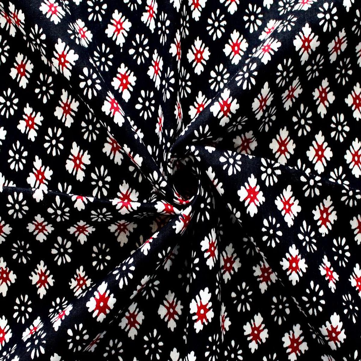 Black And Red Floral Printed Pure Cotton Fabric