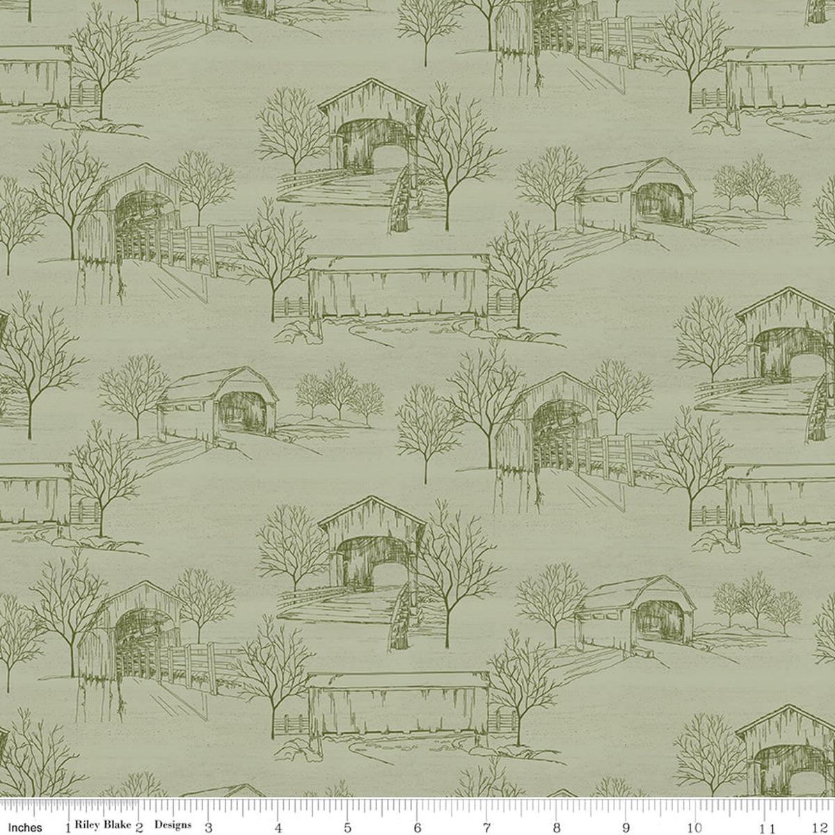 Covered Bridges in Fall ~ Toile ~ CD16212-SAGE ~ One Yard