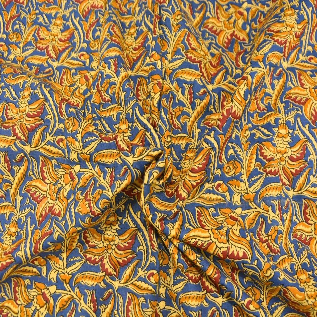 Light Blue Floral 100% Pure Cotton Handblocked Kalamkari Fabric (Hot Seller)