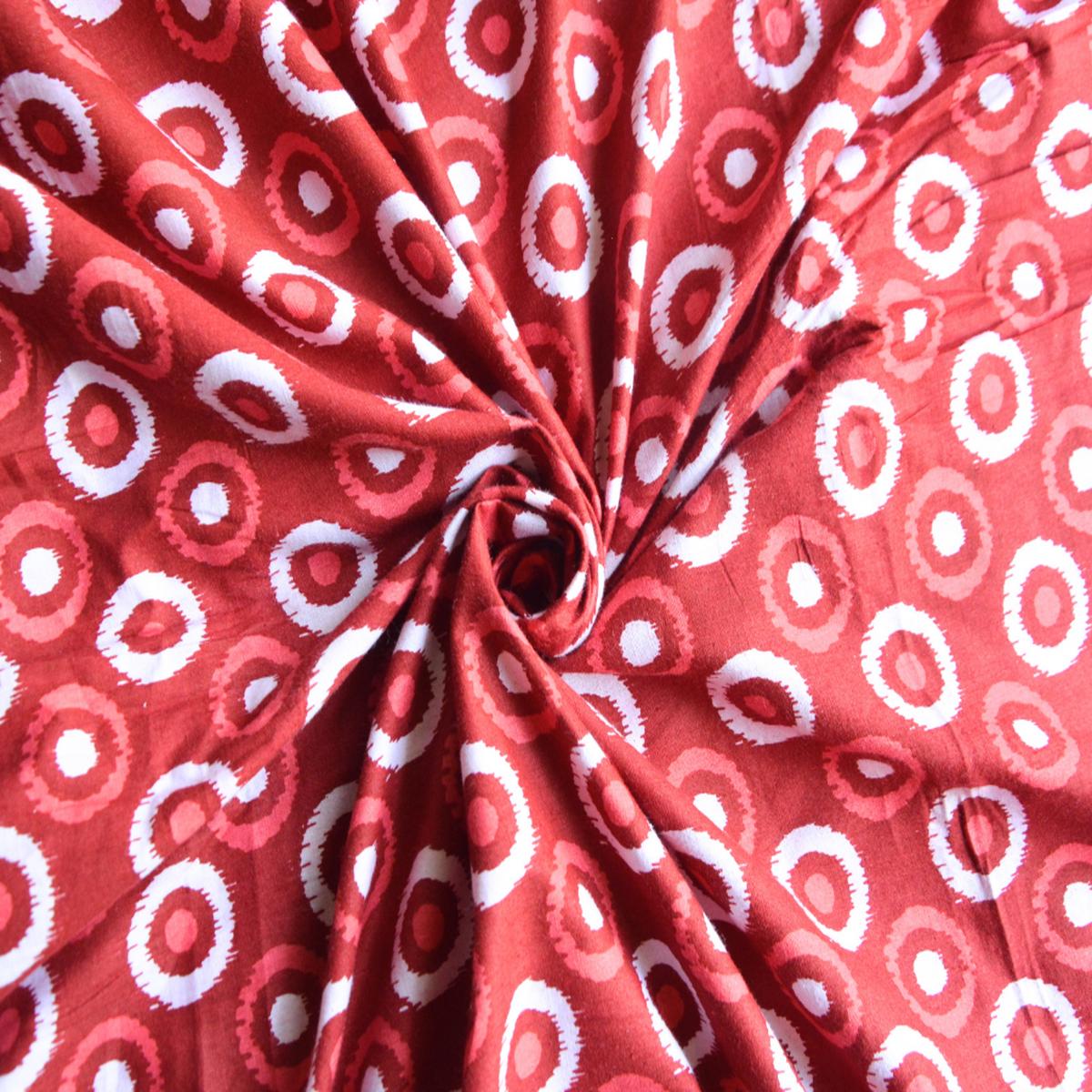 Red and White Abstract Circle Printed Pure Cotton Fabric