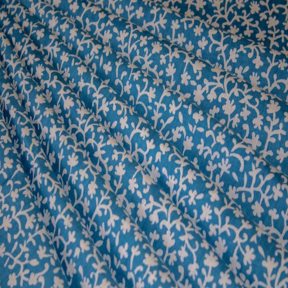 Light Blue White Floral Printed Pure Cotton Fabric