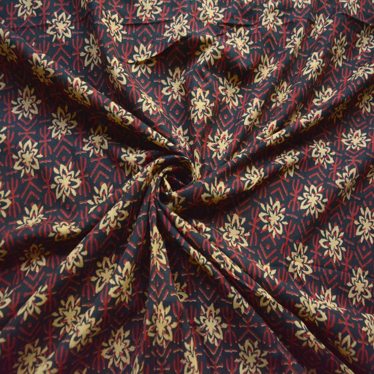 Black, Red & Cream Floral Printed Pure Cotton Fabric