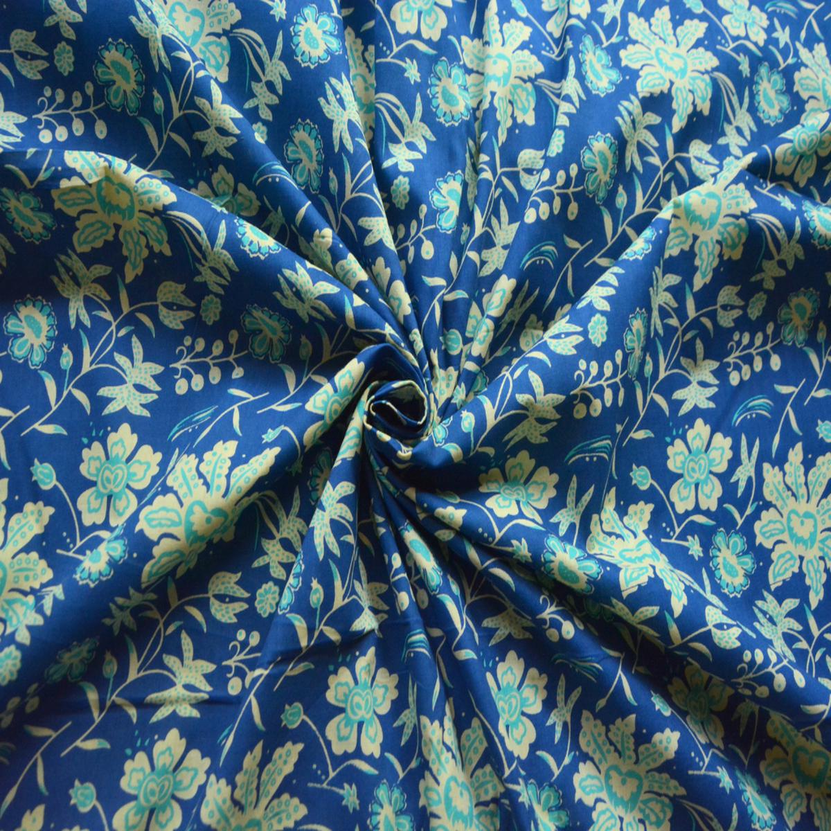 Blue & Turquoise Floral Printed Pure Cotton Fabric