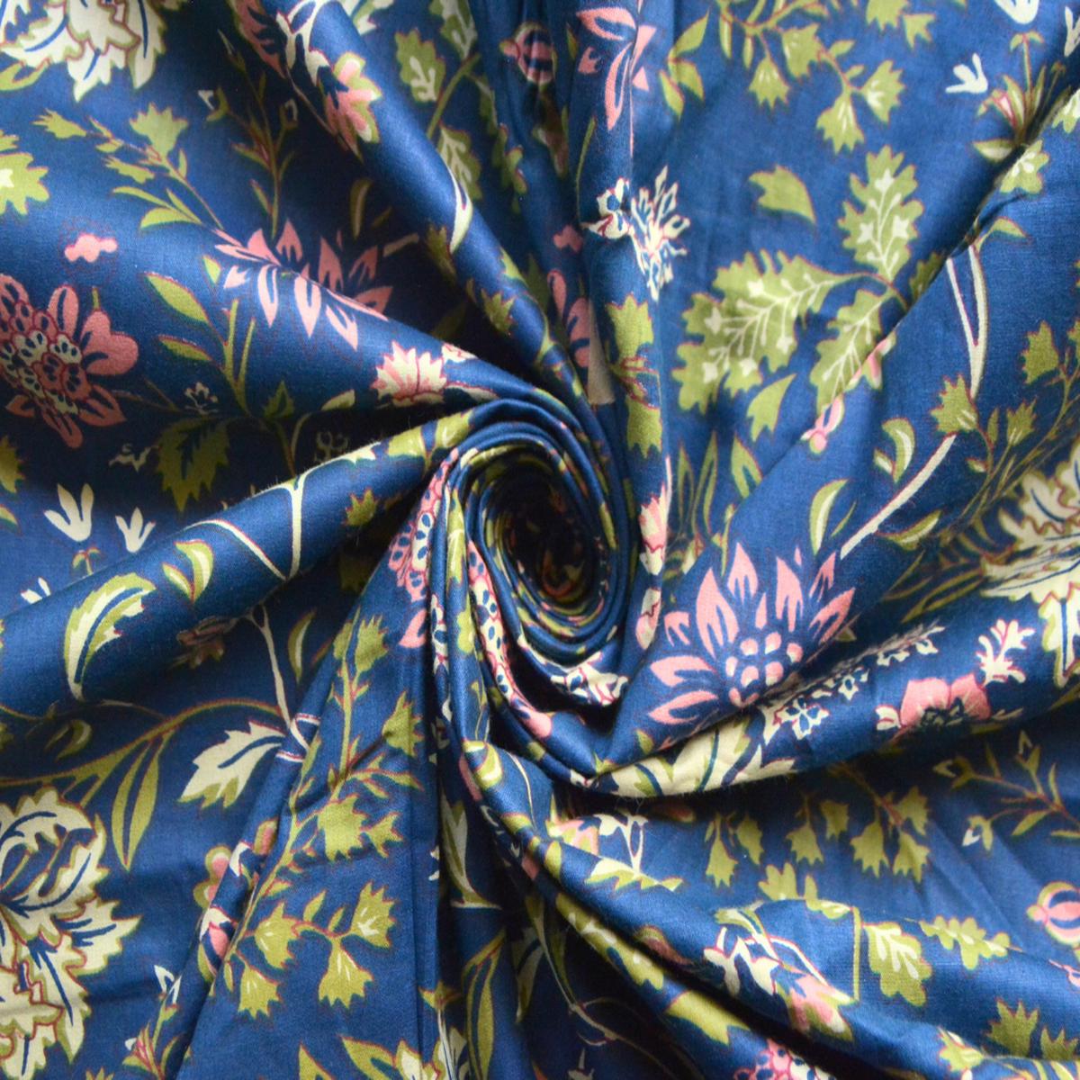 Dark Blue Floral Printed Pure Cotton Fabric