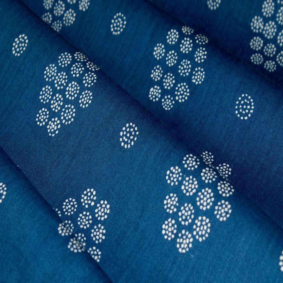 Navy Blue White Motifs Printed Pure Cotton Fabric