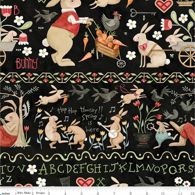 Teresa Kogut Hop Hop Hooray ~ Bunny Border Stripe C14277 Black ~ One Yard