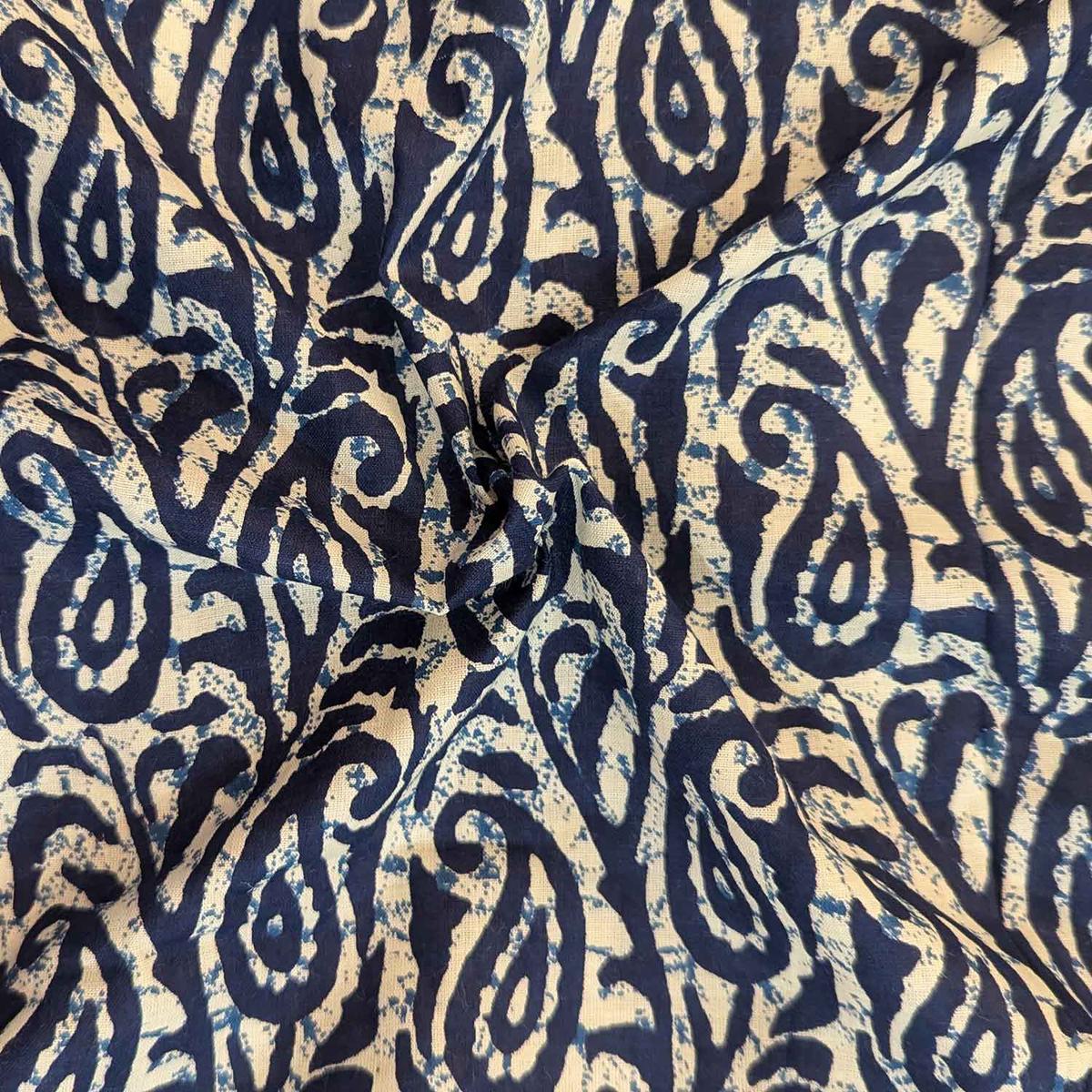 Indigo Blue & Yellow Paisley Hand Block Cotton Fabric
