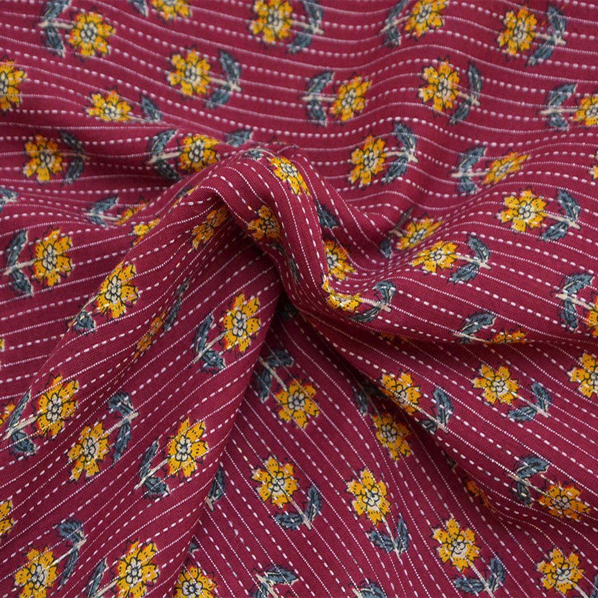 Maroon Floral Pure Cotton Kantha Fabric (Hot Seller)