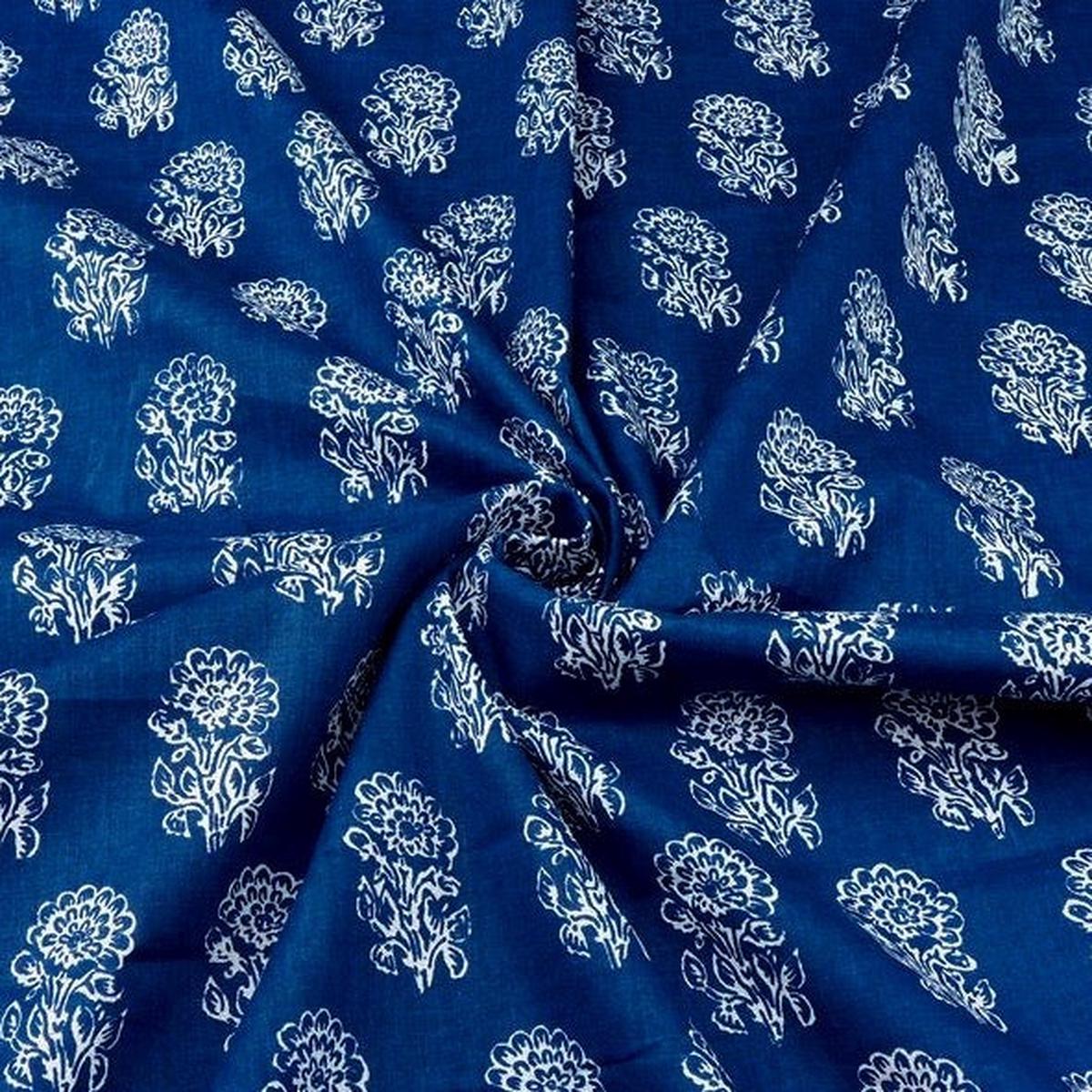 Navy Blue & White Floral Printed Pure Cotton Fabric
