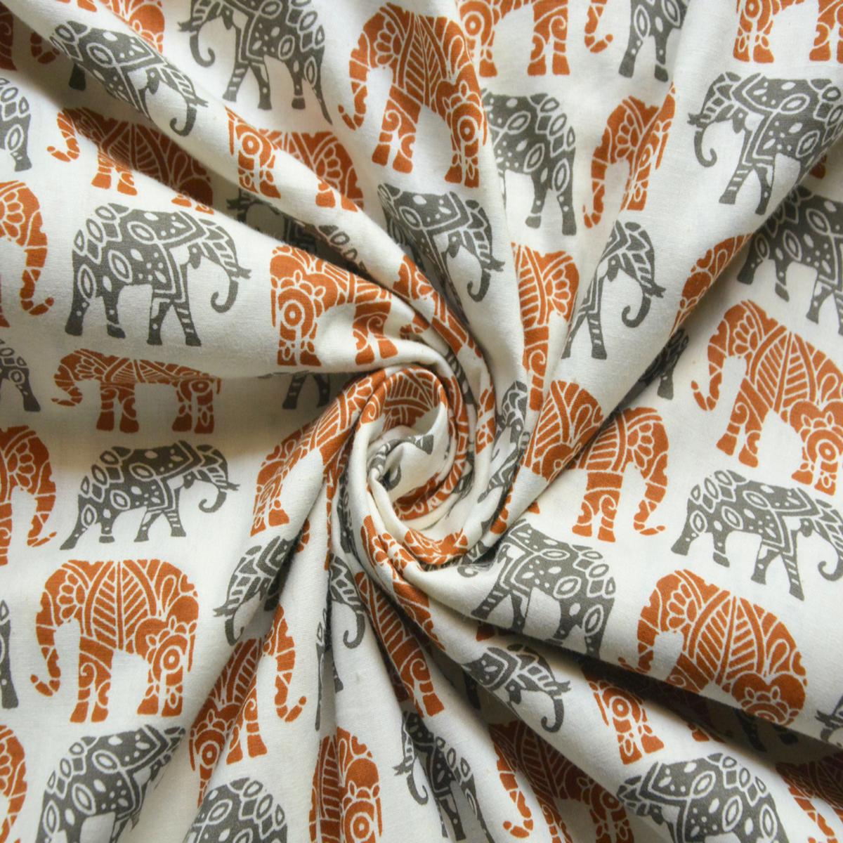 Off - White And Orange Traditional Elephant Printed Pure Cotton Fabric