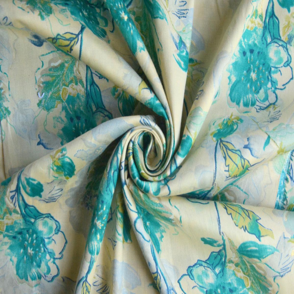 Precut of 1 Meter Teal Floral Printed Pure Cotton Fabric