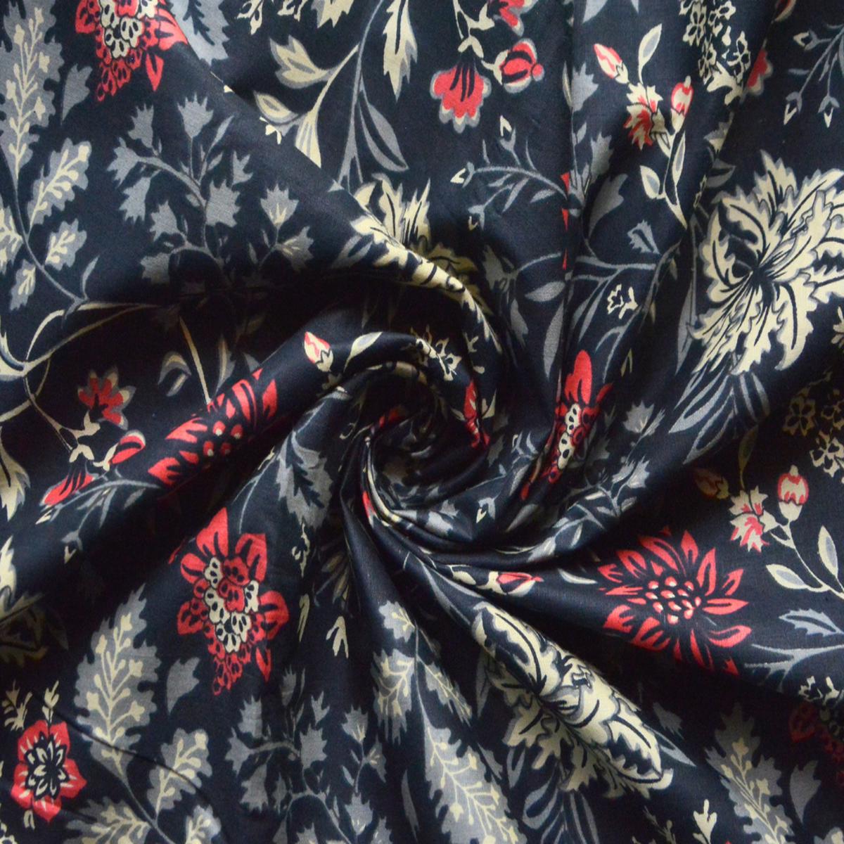 Black Floral Printed Pure Cotton Fabric