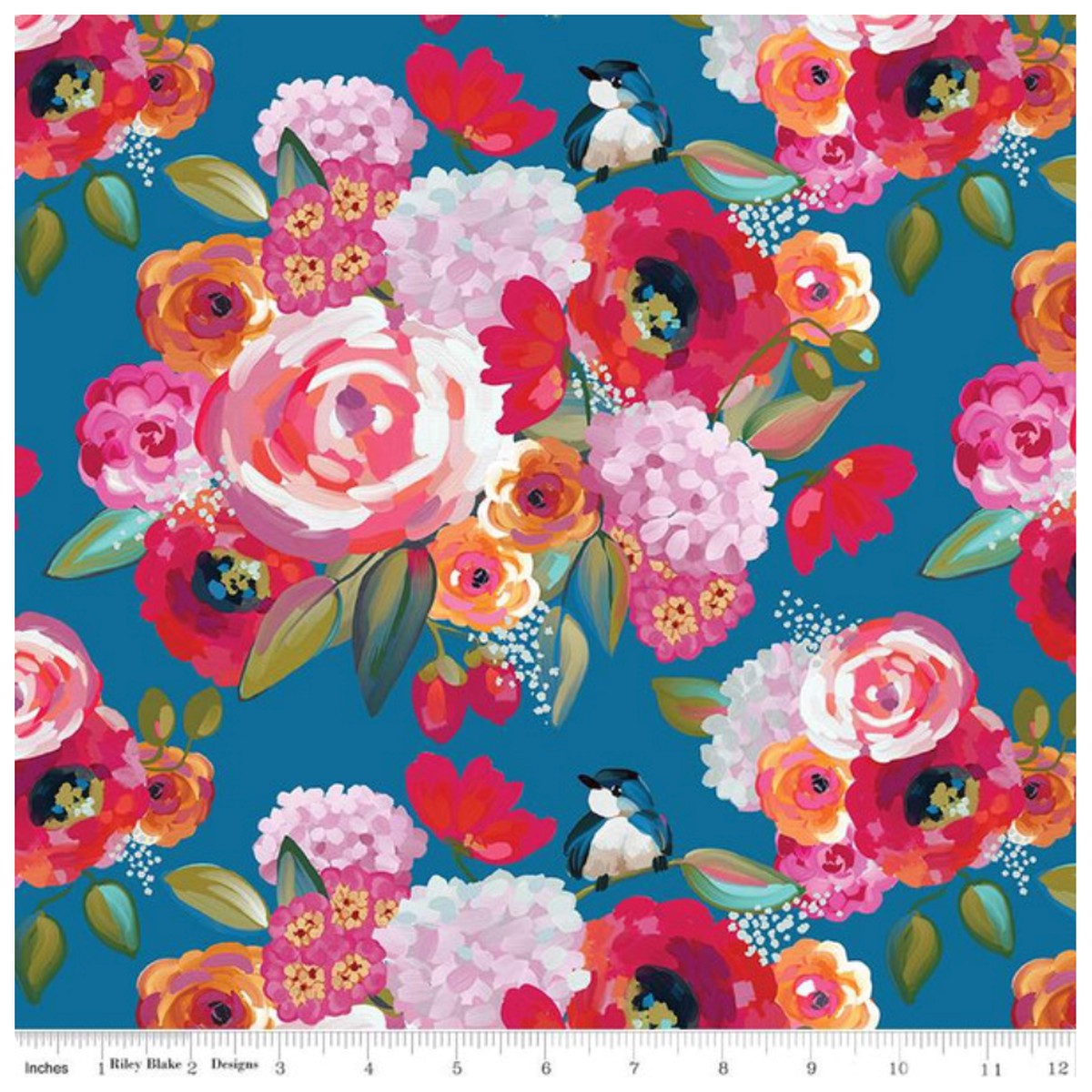Poppies & Plumes ~ Main C14290 Ocean ~ One Yard