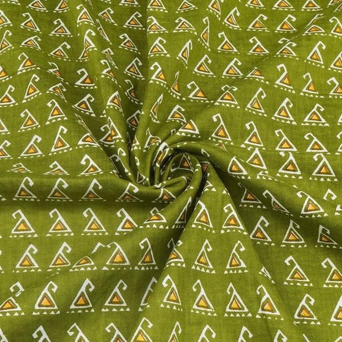 Green & Yellow Motif Printed Pure Cotton Fabric