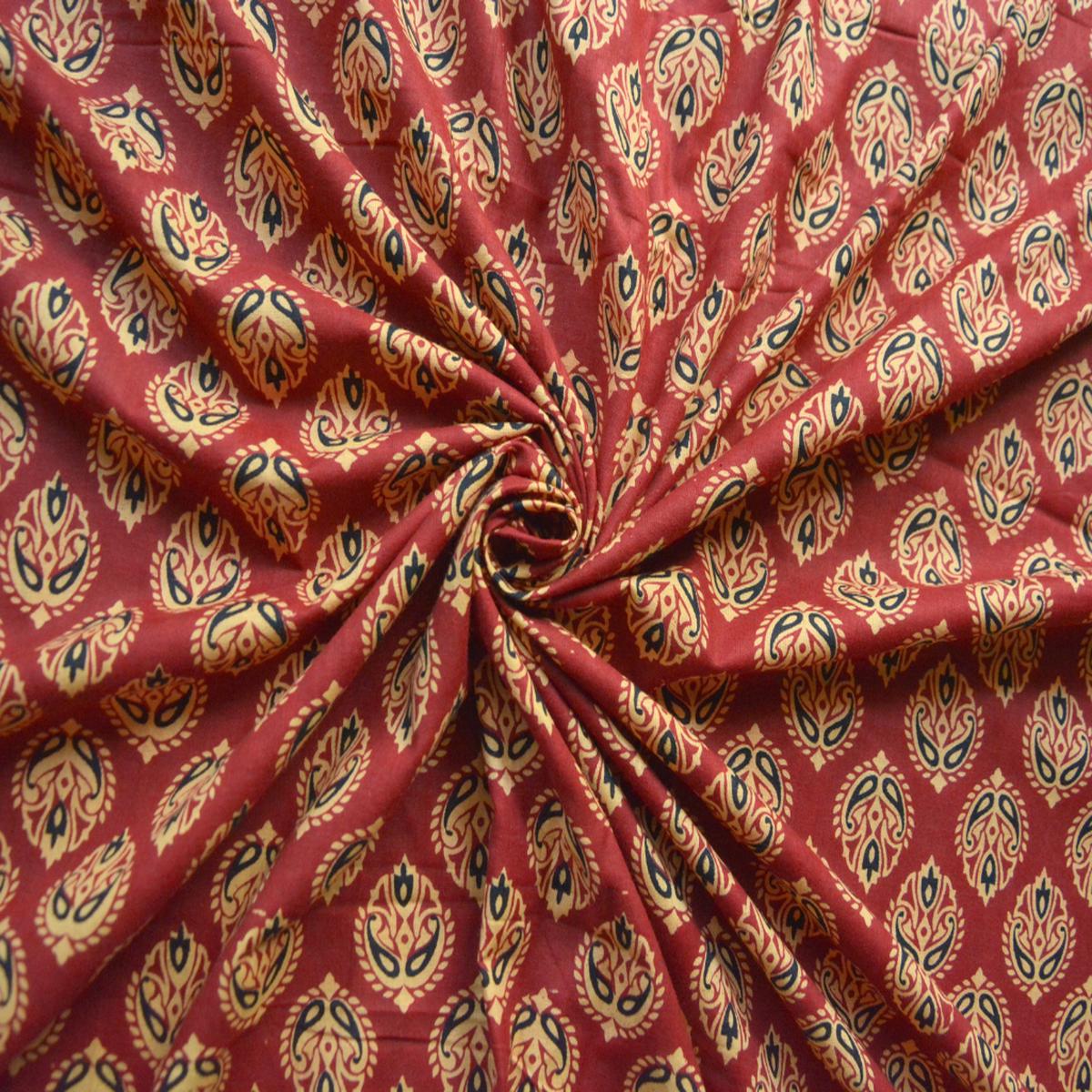 Red & Black Motifs Printed Pure Cotton Fabric