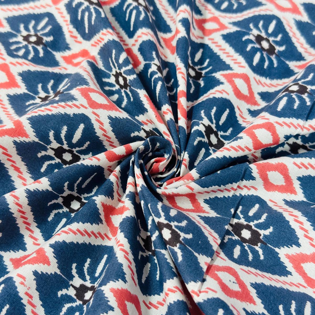 Blue & Pink Traditional Ikat Printed Cotton Fabric