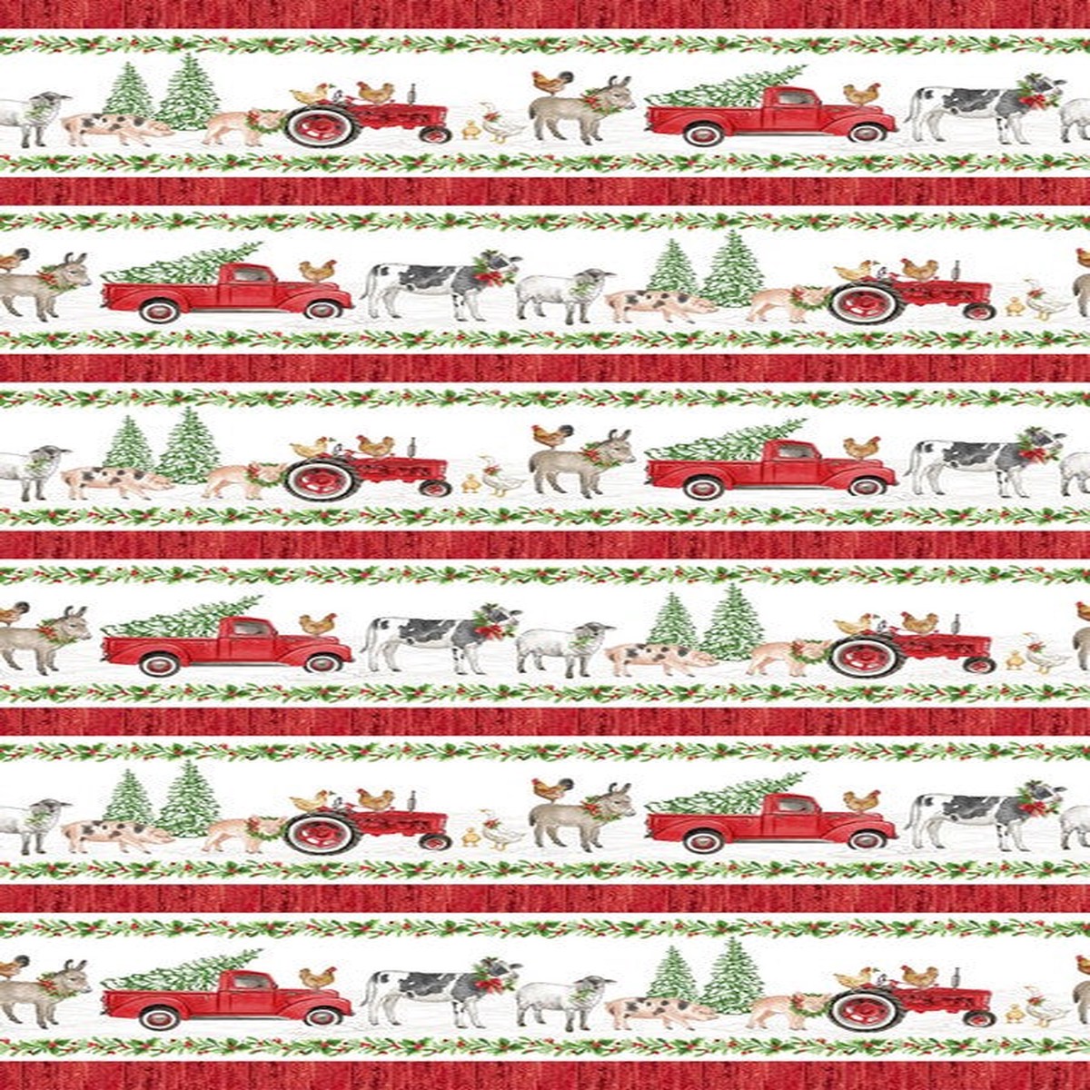 Barnyard Christmas - Border Stripe in White - Deborah Edwards - Northcott