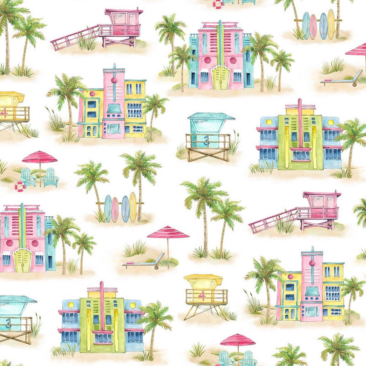 Coastal Breeze - Miami Beach in White Multi - Northcott