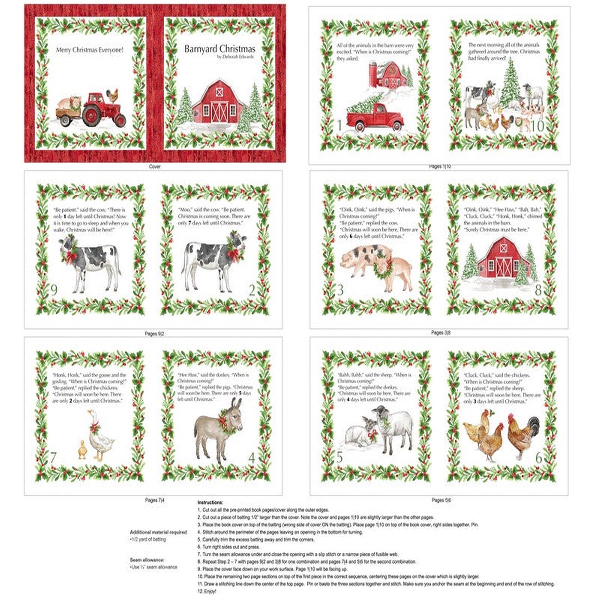 Barnyard Christmas - Book Panel in White - Deborah Edwards - Northcott