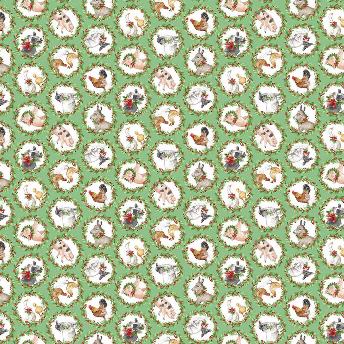 Barnyard Christmas - Animals Wreaths in Green - Deborah Edwards - Northcott