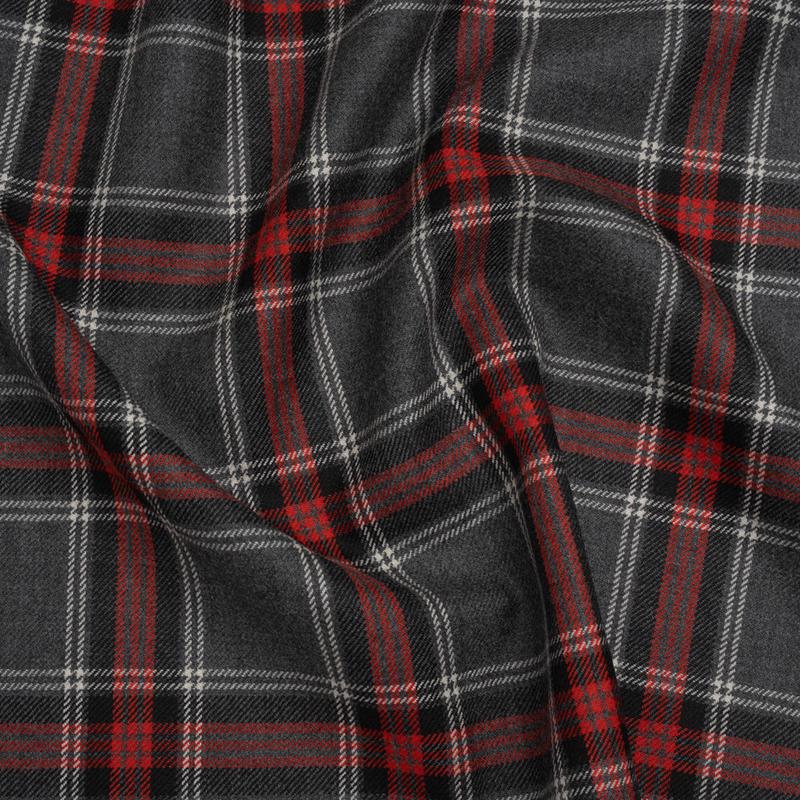Virgin Wool Twill Made in Italy - Heathered Gray and Red Plaid