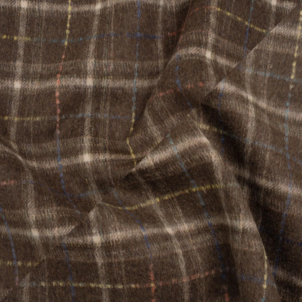 Brushed Wool Double Cloth Coating - Brown, Cream and Blue Plaid - Deadstock