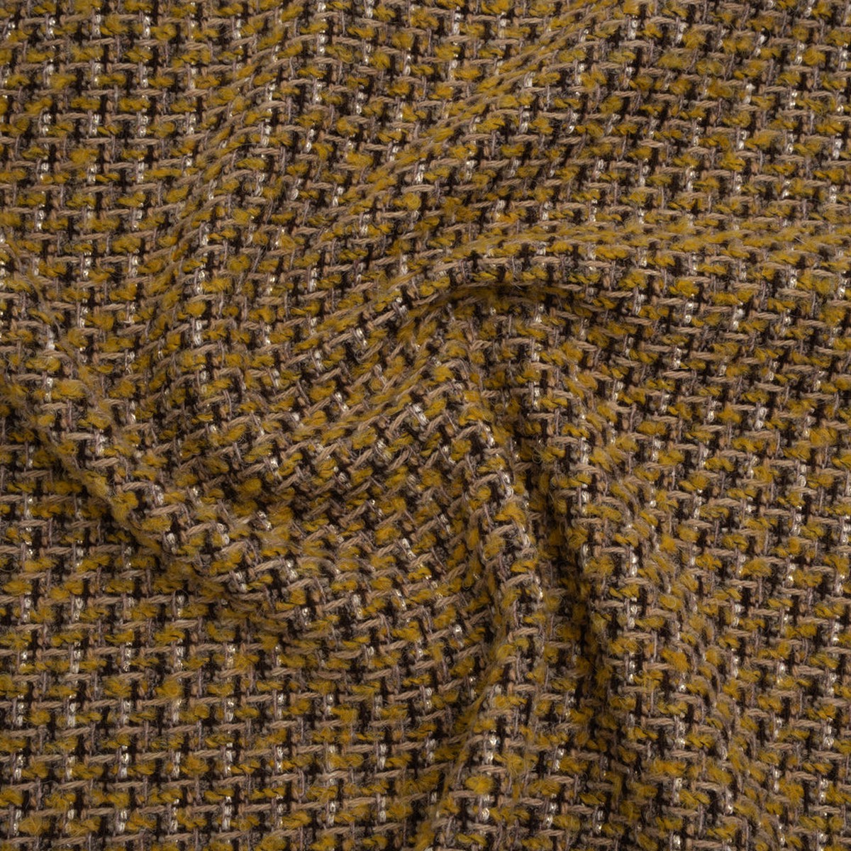Metallic Tweedy Wool Blend Boucle Woven Made in Italy - Mustard Yellow Brown and Gold