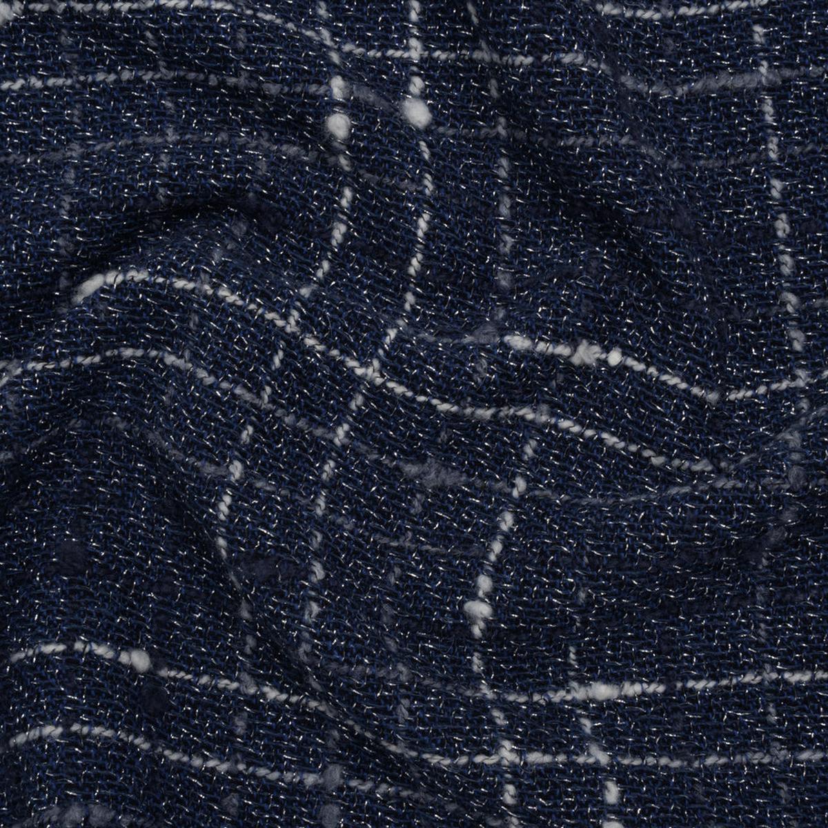 Metallic Wool Blend Tweedy Twill Boucle Made in Italy - Navy Blue, White and Silver Plaid - Deadstock