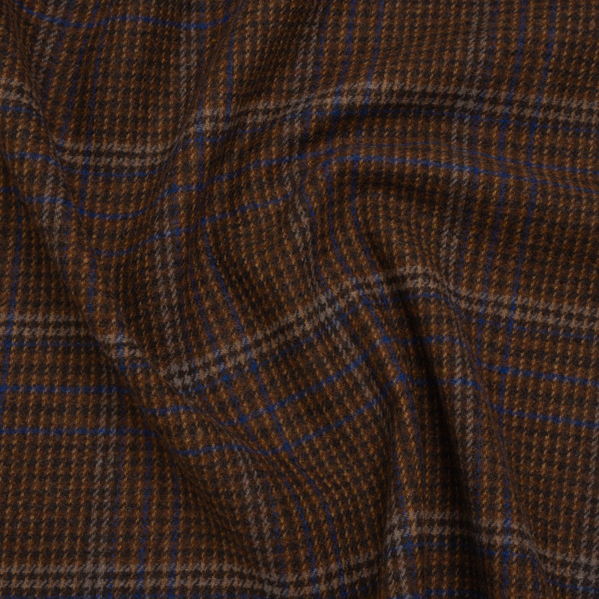 Wool Blend Tweed Twill - Brown Cobalt Blue and Black Plaid