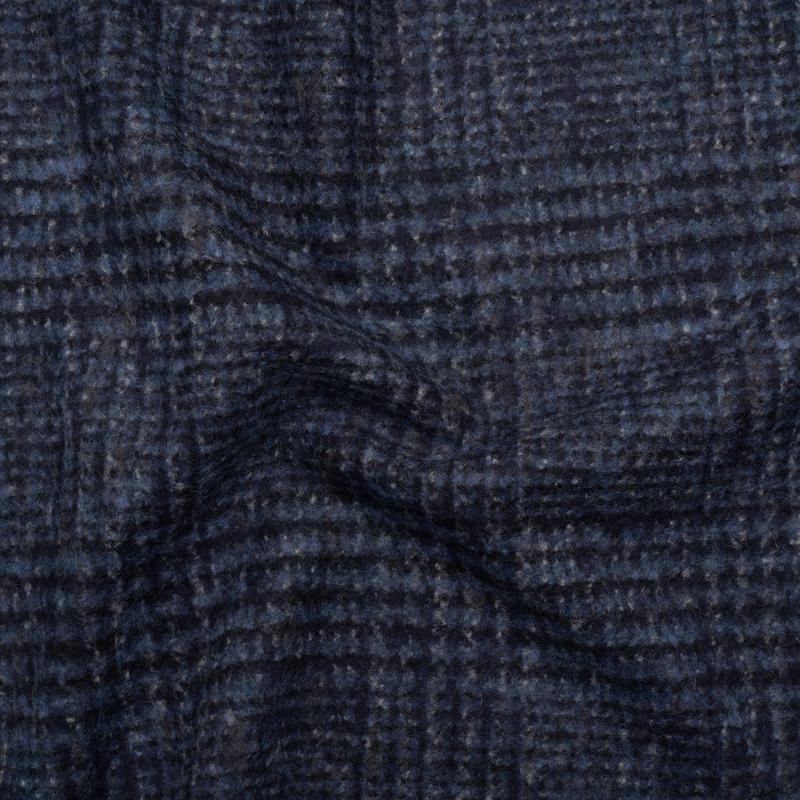 Alpaca and Wool Blend Felted Coating Made in Italy - Blue and Gray Tweedy Plaid - Deadstock