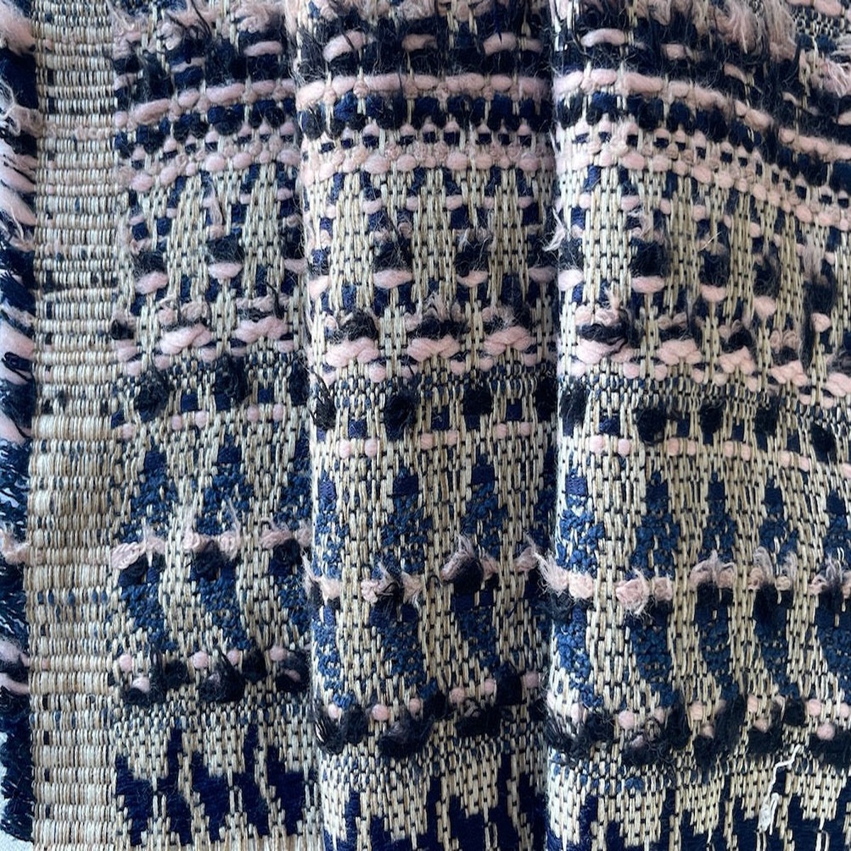 Etro Inky Midnight, Delicate Blush & Natural Striped Cotton Blend Boucl Suiting (Made in Italy)