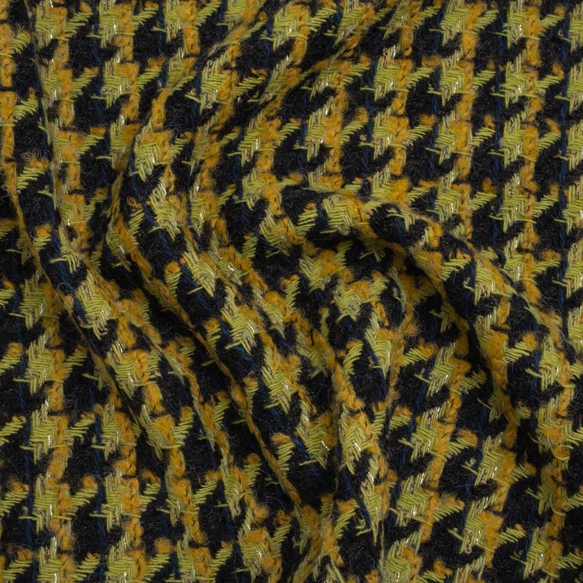 Metallic Wool Blend Tweed Boucle Twill Made in Italy - Forest Green, Lime and Mustard Yellow Houndstooth