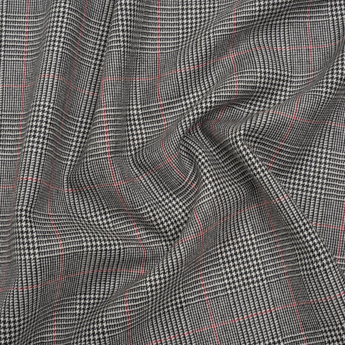 Brushed Virgin Merino Wool Twill - Black, White and Red Glen Plaid