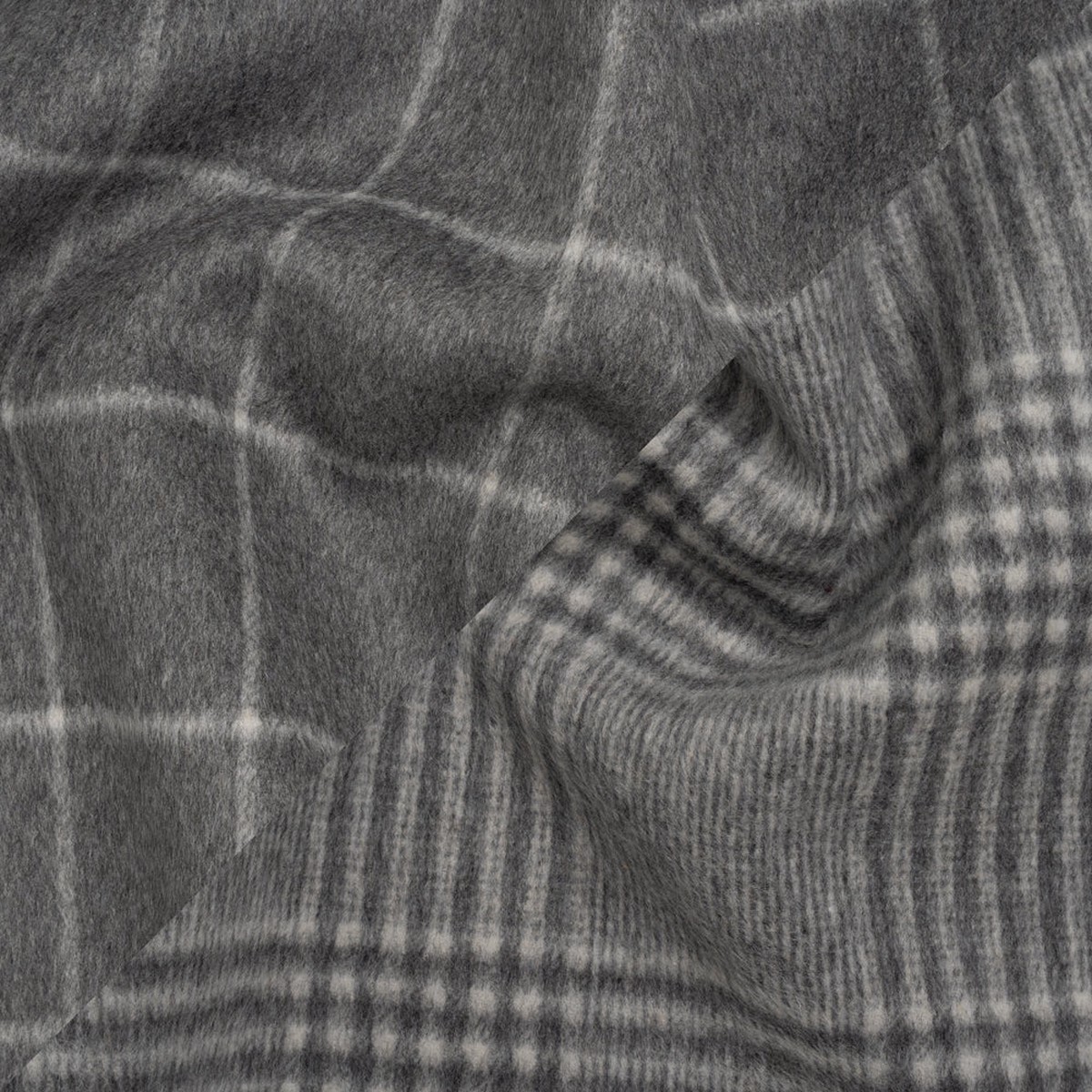 Brushed Wool Blend Double Cloth Coating - Heathered Gray and Off White Windowpane Checks and Glen Plaid - Deadstock