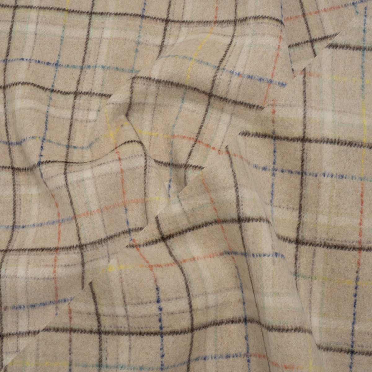Brushed Wool Double Cloth Coating - Beige Dark Brown and Blue Plaid - Deadstock