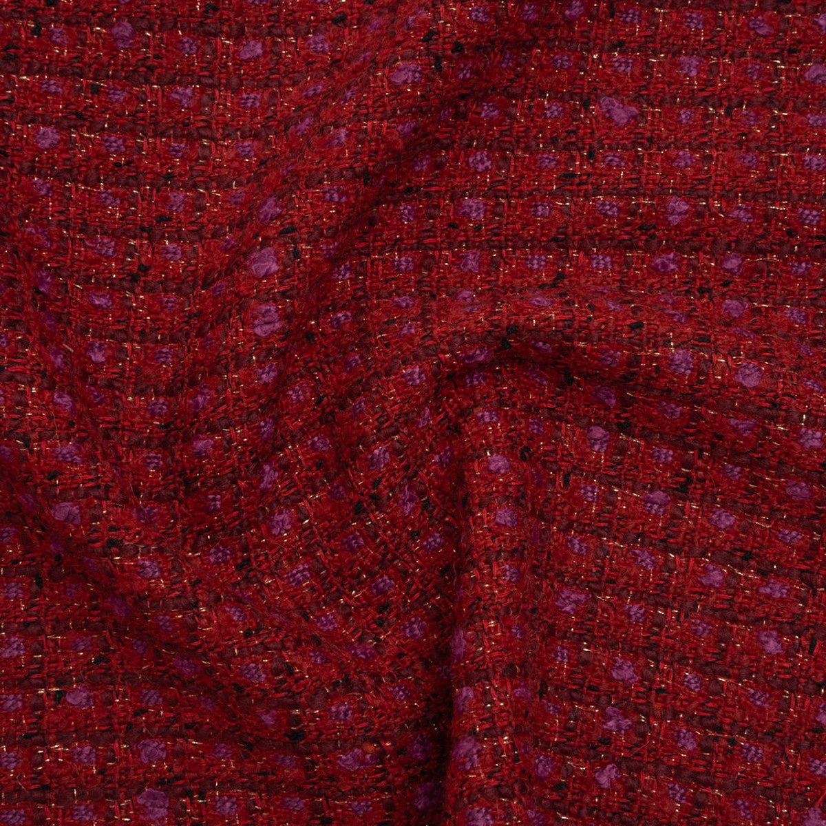 Wool Blend Tweed with Metallic Gold Accents - Red Burgundy and Fuchsia Plaid