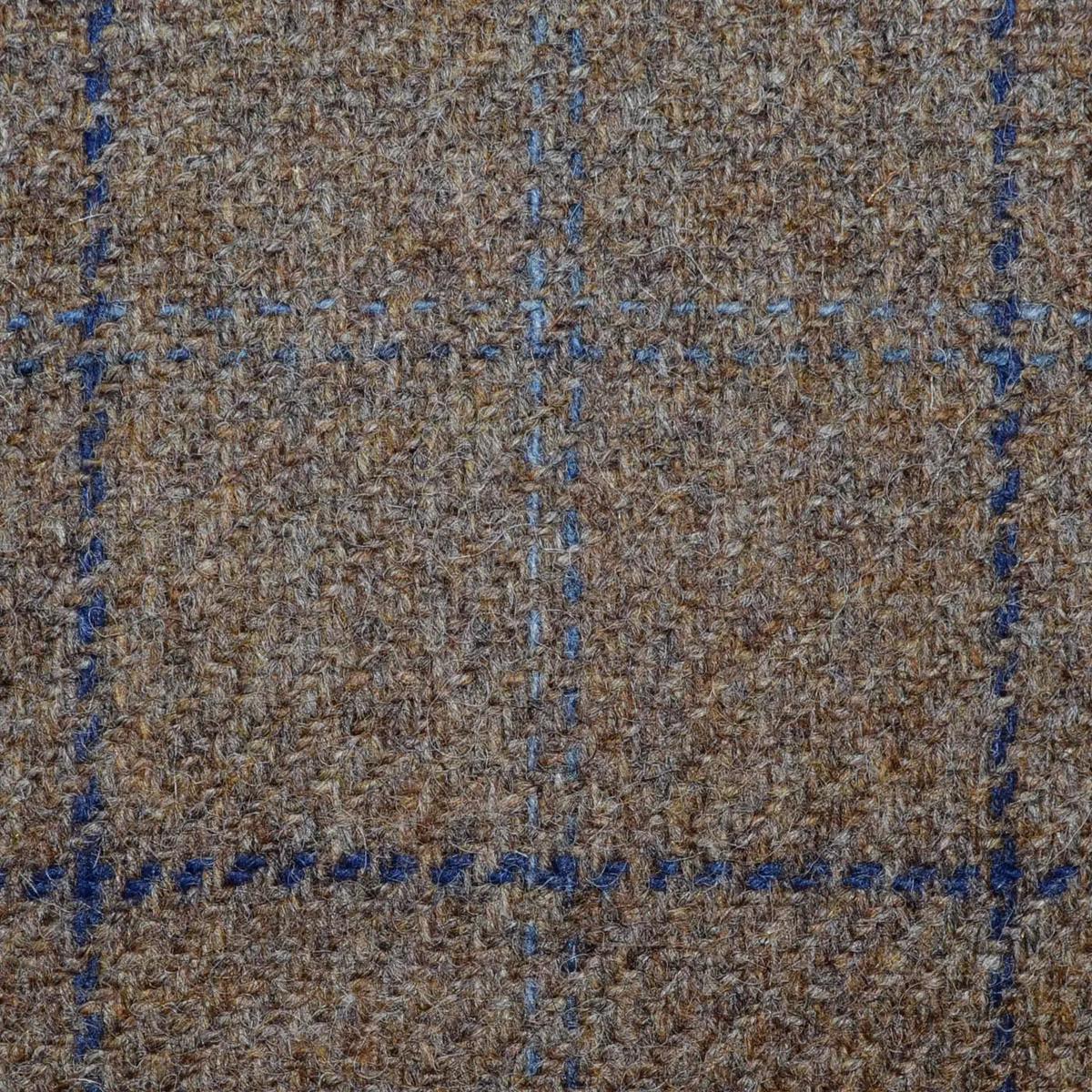 Medium Brown with Medium Blue and Navy Blue Check All Wool Irish Donegal Tweed