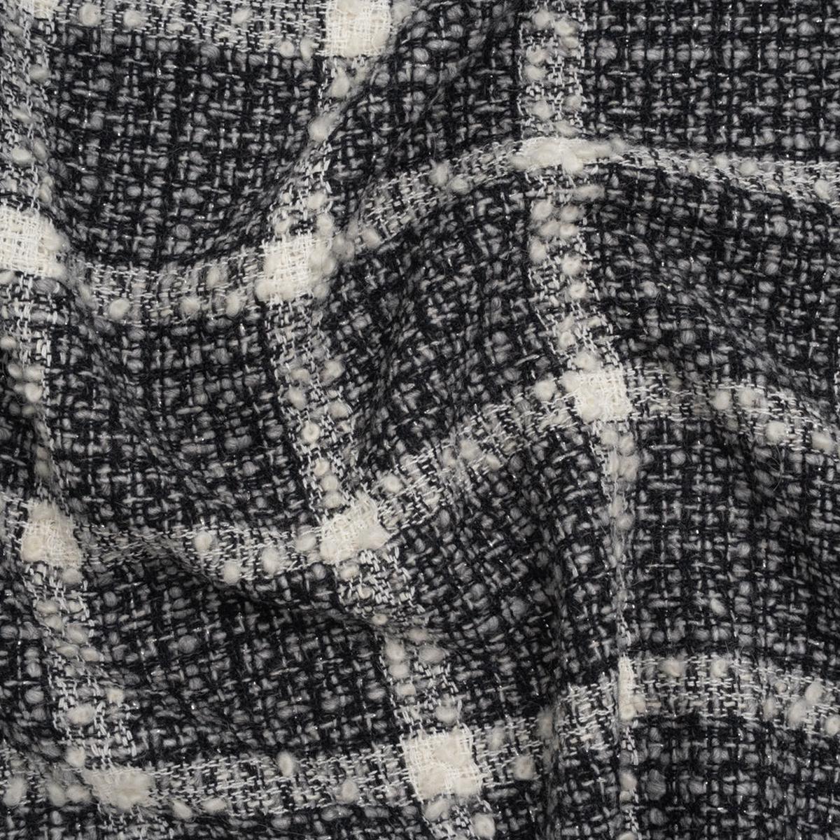 Metallic Wool Blend Tweedy Boucle Made in Italy - Black, Gray and Ivory Windowpane Checks - Deadstock