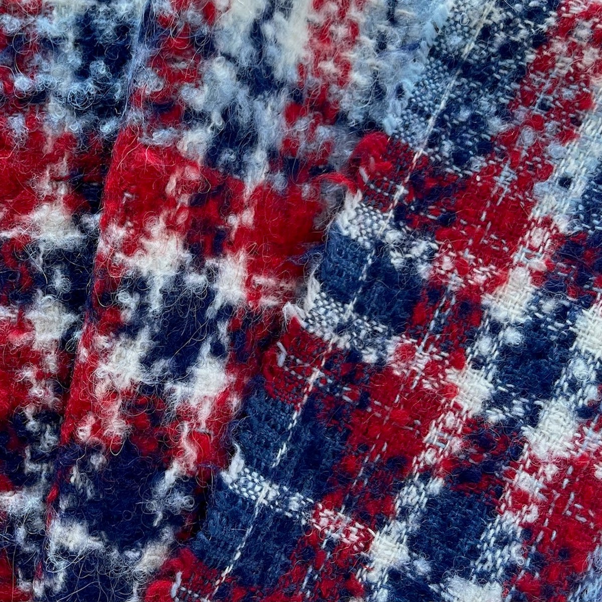 Mid-Weight Fuzzy Plaid Cherry, Ice & Navy Wool Blend Boucl (Made in Italy)
