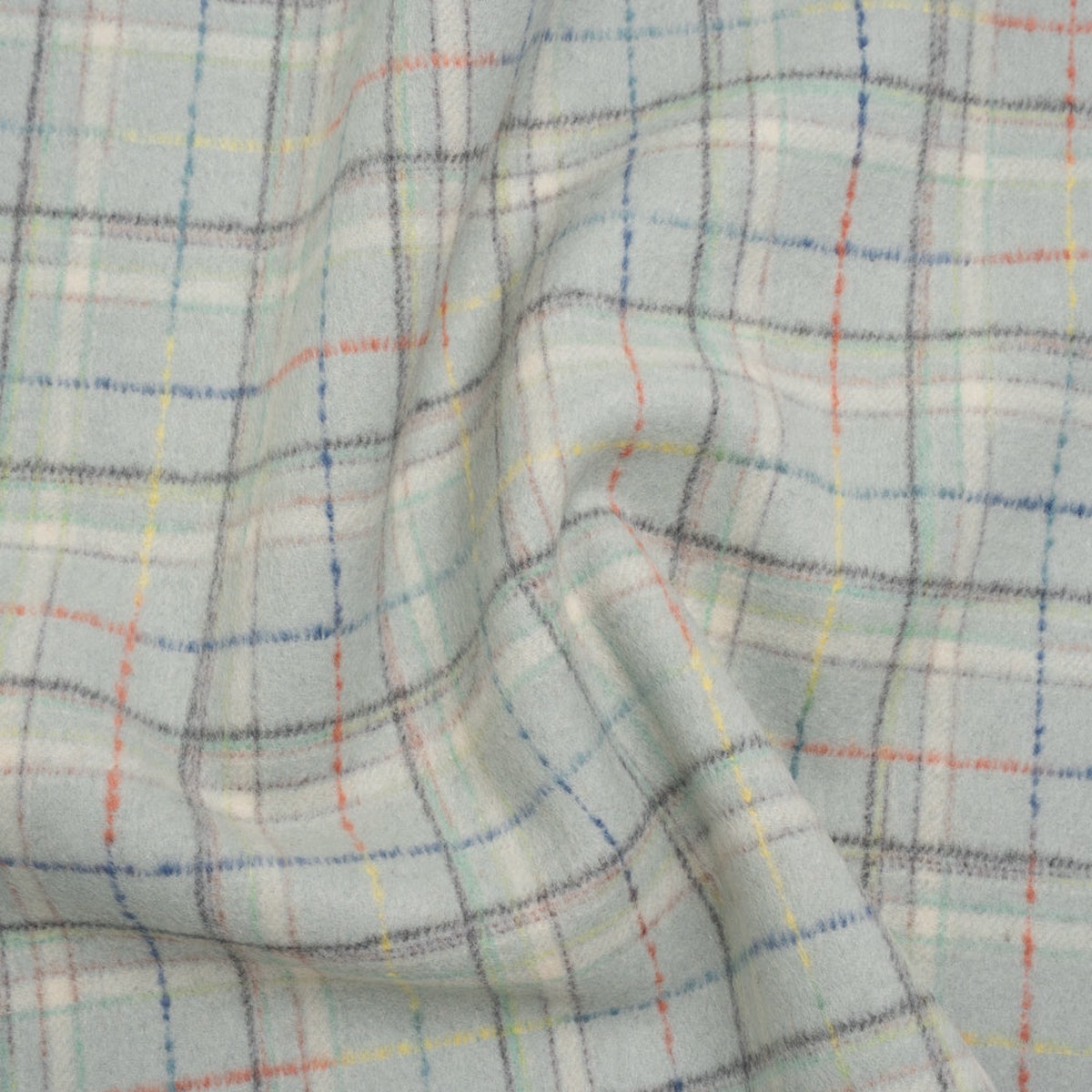 Brushed Wool Double Cloth Coating - Mint Charcoal and Blue Plaid - Deadstock