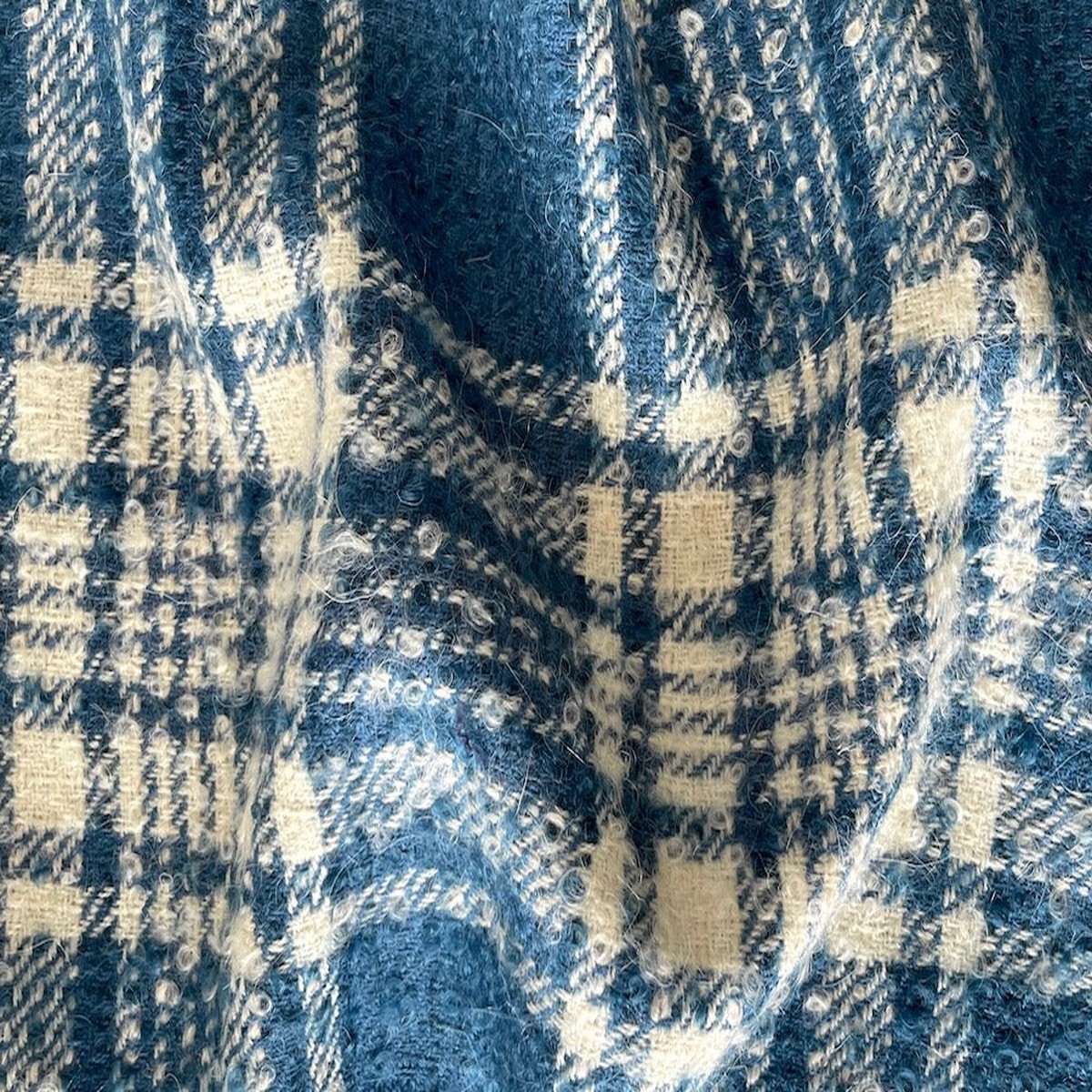 Elegant Plaid Cadet Blue & Pale Ivory Wool & Mohair Boucl (Made in Italy)