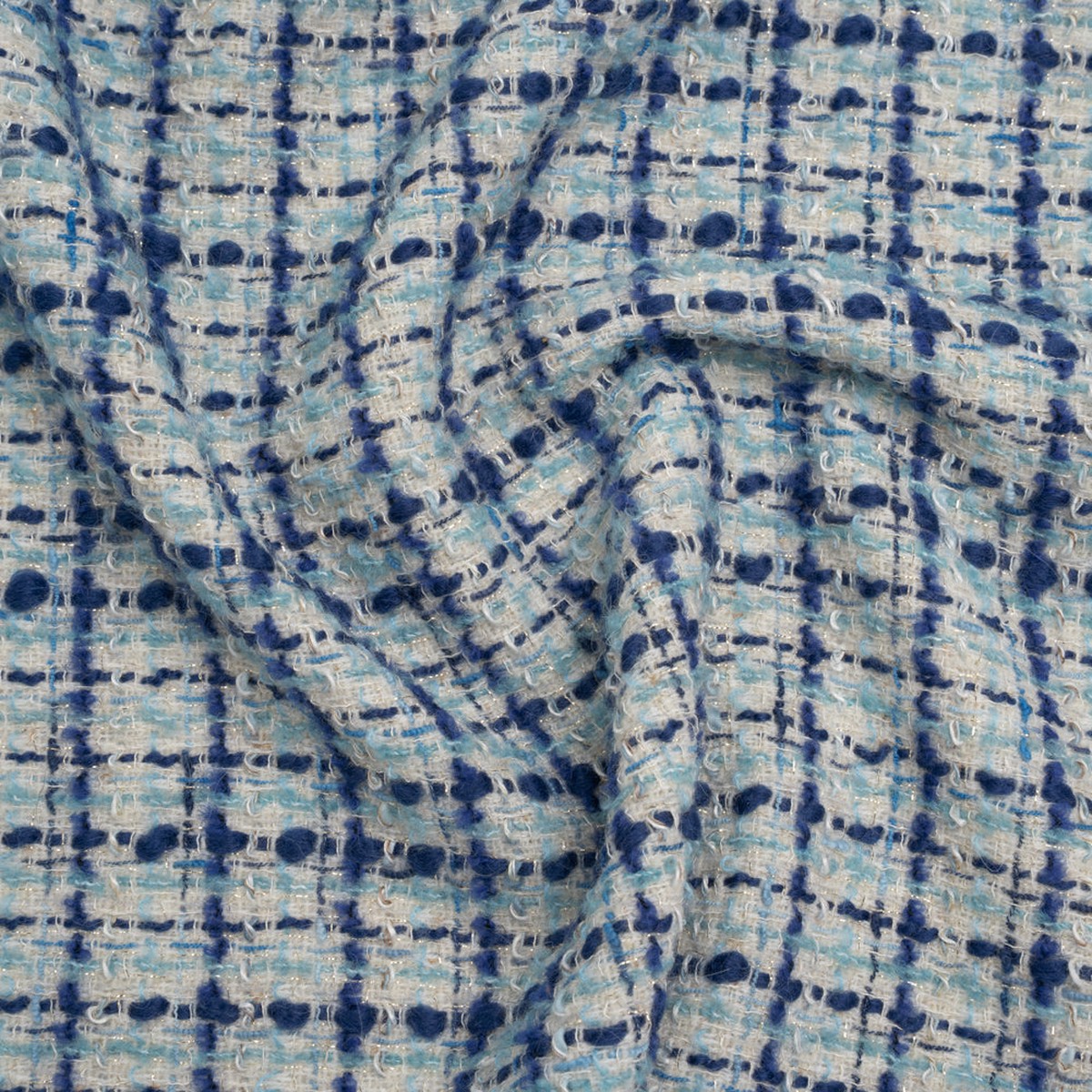 Metallic Wool Blend Boucle Tweed Made in Italy - White Sky Blue and Cobalt Checks