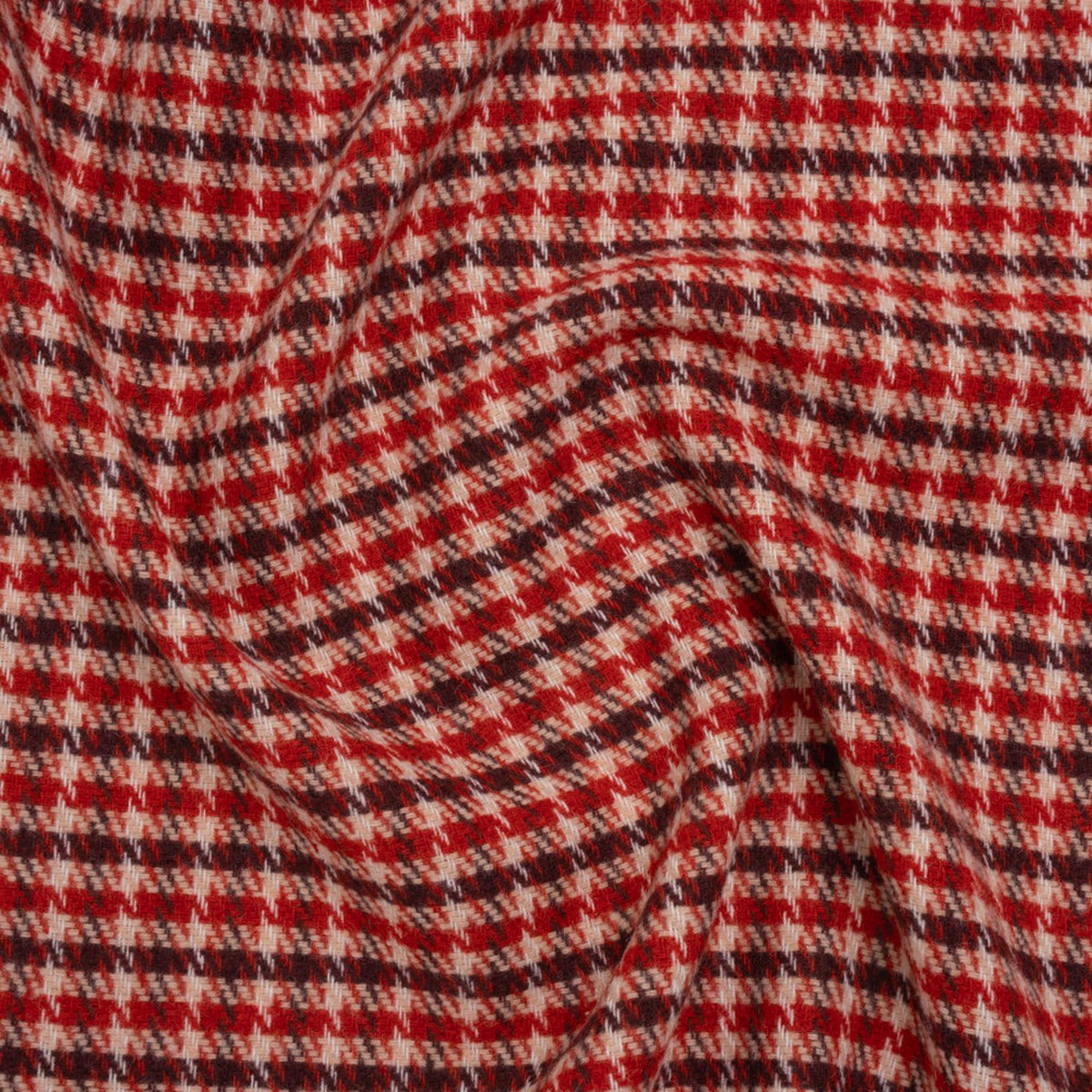 Wool Blend Tweedy Twill - Red Burgundy and Ivory Houndstooth Plaid