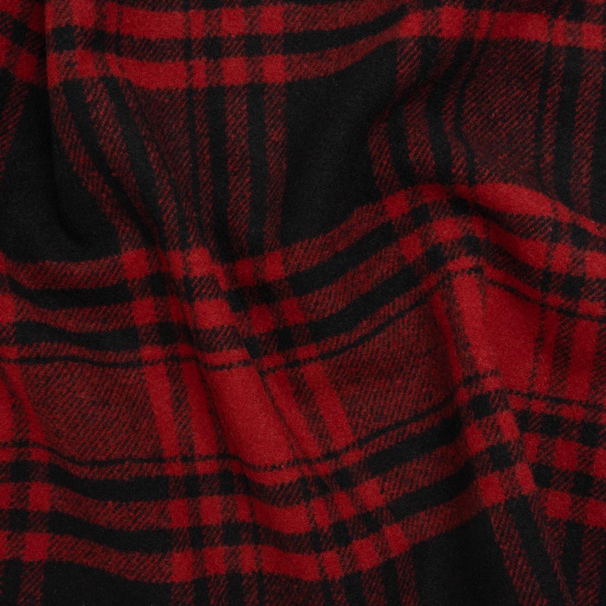 Boiled Wool Blend Tweedy Coating - Black and Red Plaid