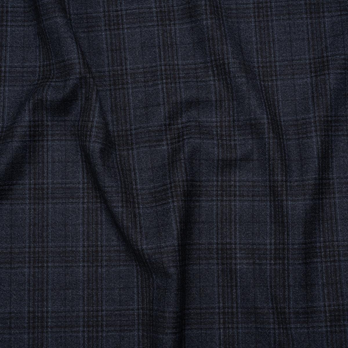 Super 130s Wool Suiting Made in Italy - Dark Blue and Black Plaid - Deadstock